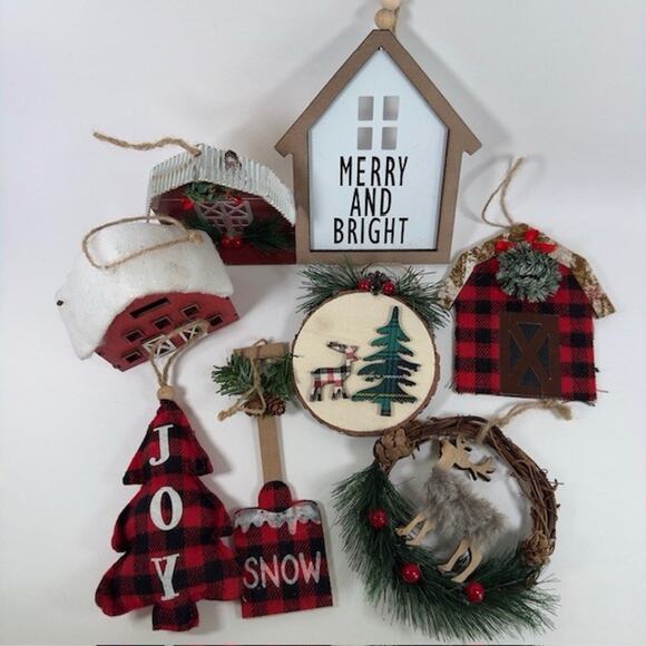 Christmas Plaid Ornaments Lot/Bundle Barns-Reindeer-Trees-Wreath-Holiday - Picture 15 of 16